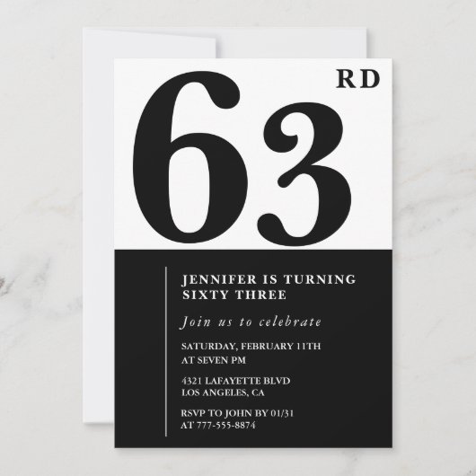 Vrouw Elegante 63e verjaardagsuitnodiging Zwart  Kaart (Voorkant)