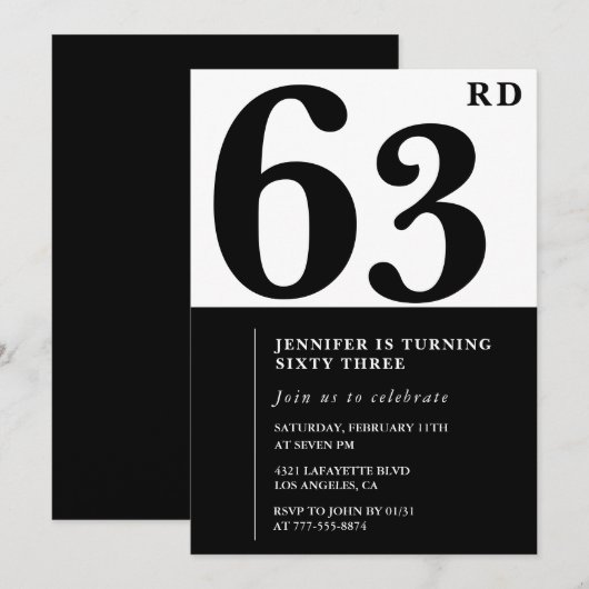 Vrouw Elegante 63e verjaardagsuitnodiging Zwart  Kaart (Voorkant / Achterkant)