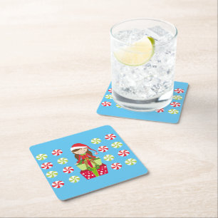 Vrouw Elf atop Gifts Snoepjes Square Paper Onderze Kartonnen Onderzetters