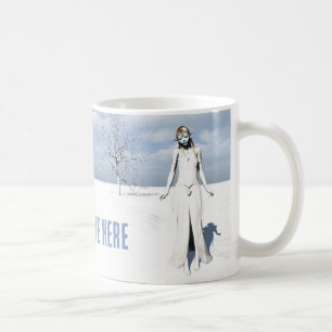 Vrouw Elf loopt in de sneeuw. tekst Koffiemok