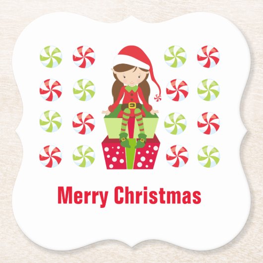 Vrouw Elf w Snoepjes Merry Christmas Aangepaste te Kartonnen Onderzetters (Voorkant)