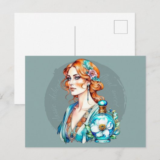 vrouw en Blauwgroen parfumfles Briefkaart (Voorkant / Achterkant)