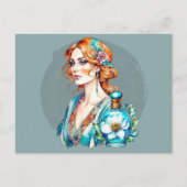 vrouw en Blauwgroen parfumfles Briefkaart (Voorkant)