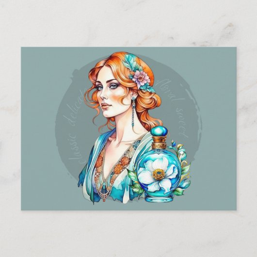  vrouw en Blauwgroen parfumfles Briefkaart (Voorkant)