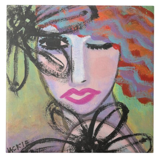 Vrouw en bloemen abstract schilderij tegeltje (Voorkant)
