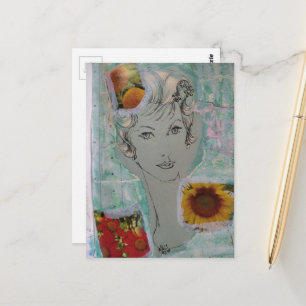 Vrouw en Bloemen Retro Kapsel Collage Briefkaart