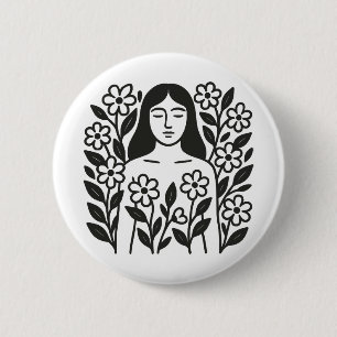 Vrouw en bloemen ronde button 5,7 cm