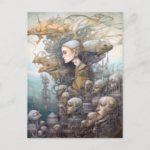 Vrouw en bouw met hoofden surrealistische kunst briefkaart