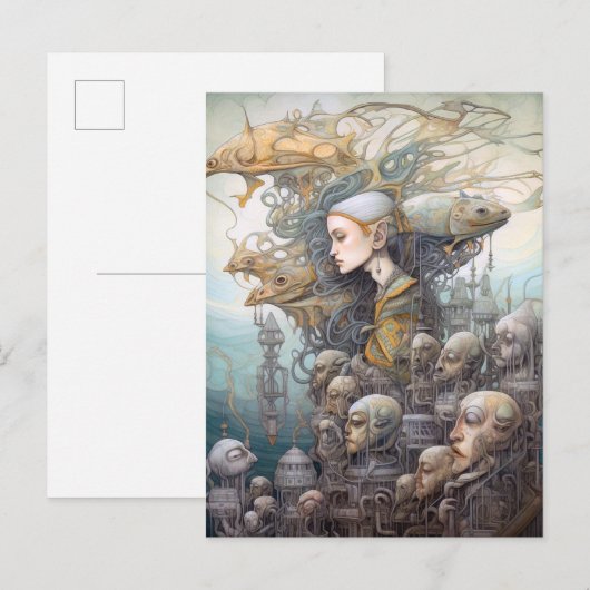 Vrouw en bouw met hoofden surrealistische kunst briefkaart (Voorkant / Achterkant)