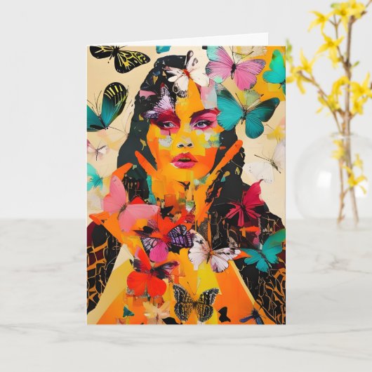 Vrouw en Butterflies Gemengde Media Dag Kaart (Gele Bloem)