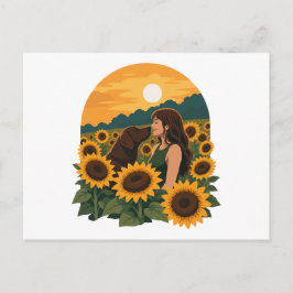Vrouw en chocolade labrador in een gouden zonneblo briefkaart