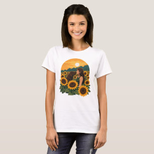 Vrouw en chocolade labrador in een gouden zonneblo t-shirt