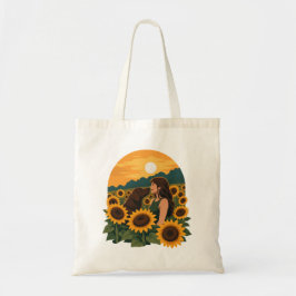 Vrouw en chocolade labrador in een gouden zonneblo tote bag