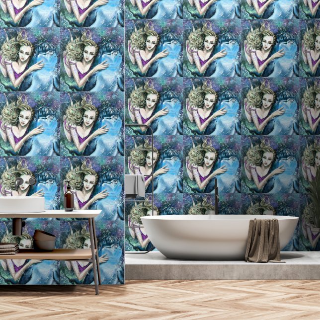 Vrouw en Dolfijn Behang (Badkamer)