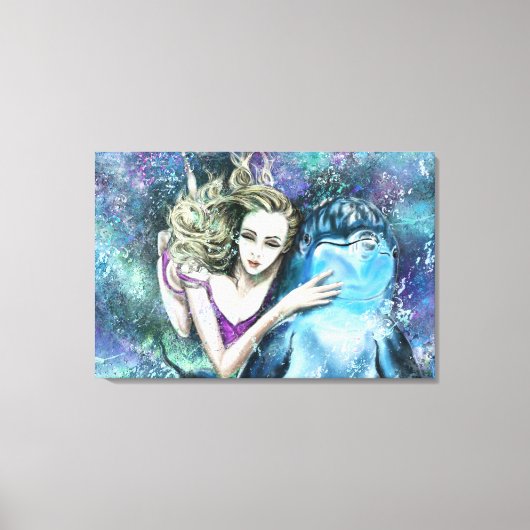 Vrouw en Dolfijn Vrienden Canvas Print - Schilderi (Voorkant)