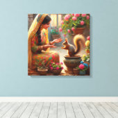 Vrouw en Eekhoorn 2 Canvas Afdruk (Insitu (Houten vloer))