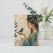 Vrouw en een Blauwe Vogel Briefkaart (Staand voorkant)
