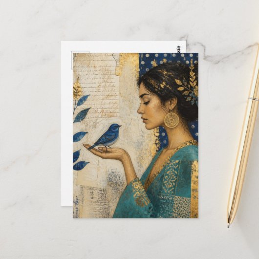 Vrouw en een Blauwe Vogel Briefkaart (Voorkant / Achterkant in situ)