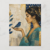 Vrouw en een Blauwe Vogel Briefkaart (Voorkant)