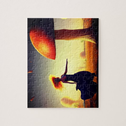 Vrouw en een enorme paddenstoel legpuzzel (Verticaal)