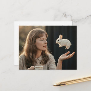 Vrouw en een klein magisch konijn bij de thee briefkaart