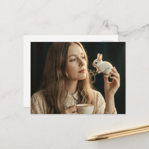 Vrouw en een klein magisch konijn bij de thee briefkaart