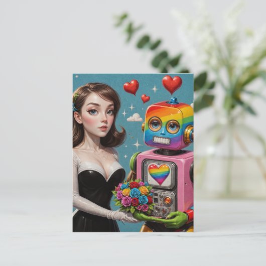 Vrouw en een Rainbow Robot Briefkaart (Staand voorkant)