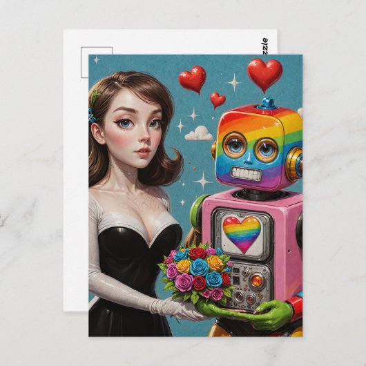 Vrouw en een Rainbow Robot Briefkaart (Voorkant / Achterkant)