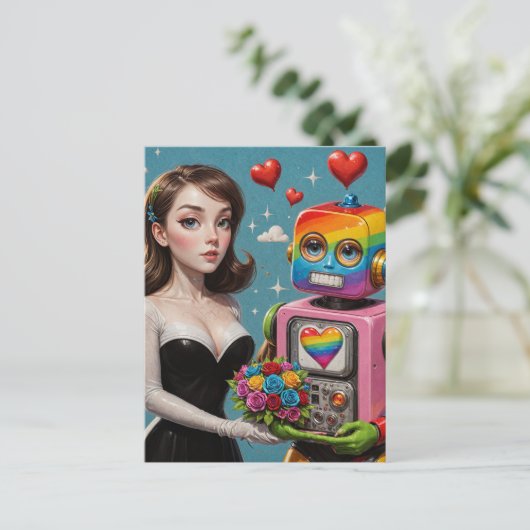Vrouw en een Regenboog Robot Bruiloft Briefkaart (Staand voorkant)