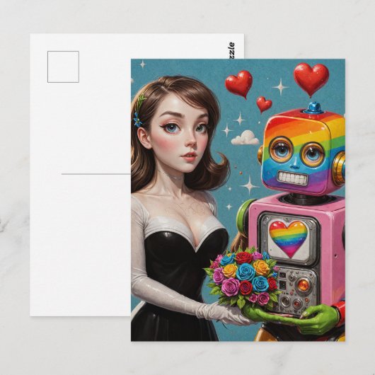 Vrouw en een Regenboog Robot Bruiloft Briefkaart (Voorkant / Achterkant)