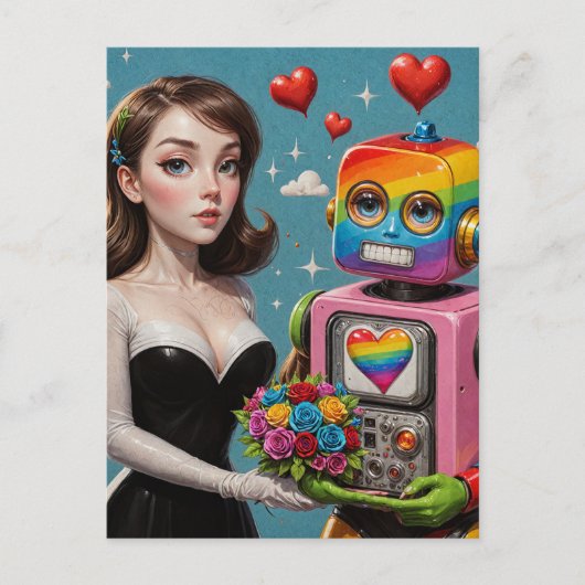 Vrouw en een Regenboog Robot Bruiloft Briefkaart (Voorkant)