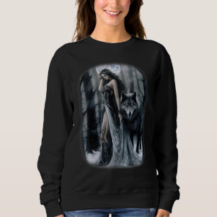 Vrouw en grijze wolf in Forest Moon Fantasy Art Pa Trui