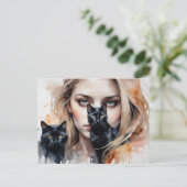Vrouw en haar zwarte kat, Postcrossing Briefkaart (Staand voorkant)