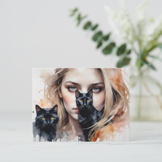 Vrouw en haar zwarte kat, Postcrossing Briefkaart (Staand voorkant)
