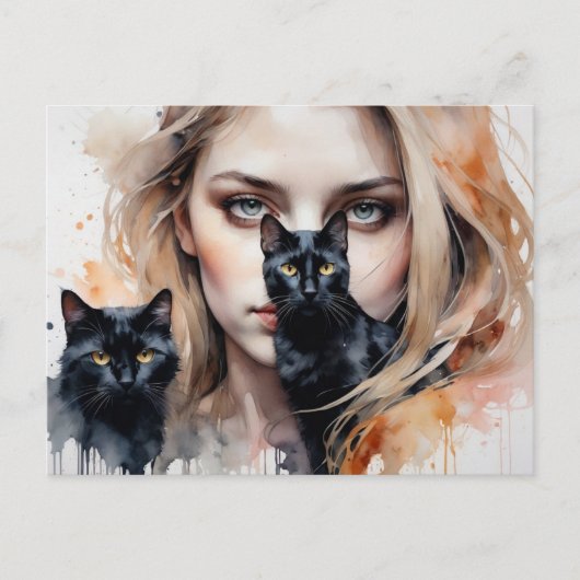 Vrouw en haar zwarte kat, Postcrossing Briefkaart (Voorkant)