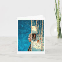 Vrouw en hert in besneeuwd berkenbos per hut