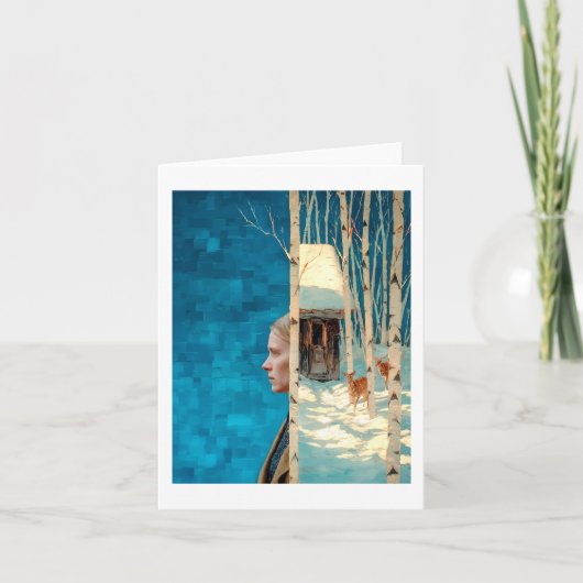 Vrouw en hert in besneeuwd berkenbos per hut feestdagen kaart (Voorkant)