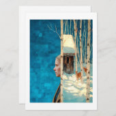 Vrouw en hert in besneeuwd berkenbos per hut feestdagenkaart (Voorkant / Achterkant)