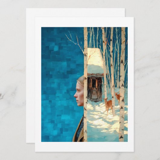 Vrouw en hert in besneeuwd berkenbos per hut feestdagenkaart (Voorkant / Achterkant)