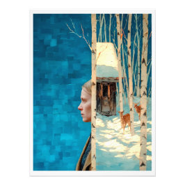Vrouw en hert in besneeuwd berkenbos per hut foto afdruk