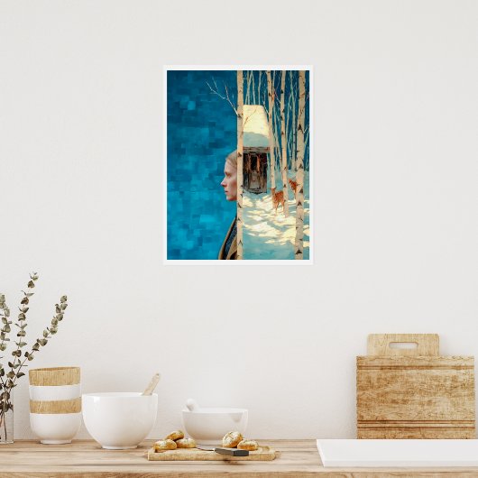 Vrouw en hert in besneeuwd berkenbos per hut poster (Keuken)