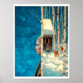 Vrouw en hert in besneeuwd berkenbos per hut poster (Voorkant)