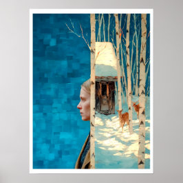 Vrouw en hert in besneeuwd berkenbos per hut poster