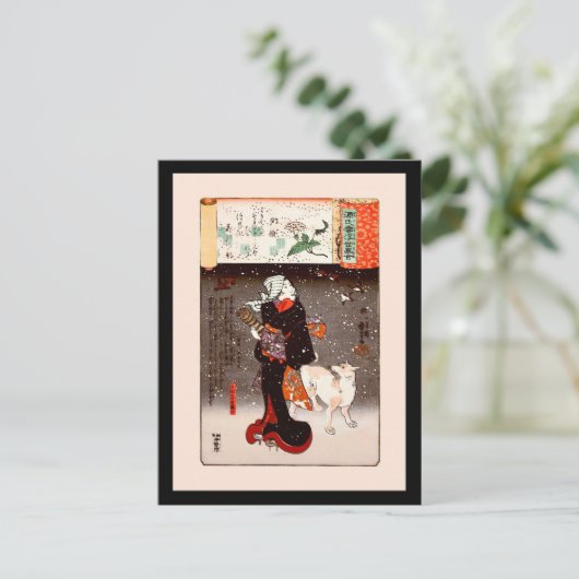 Vrouw en hond in Snow Kuniyoshi Fine Art Briefkaart (Staand voorkant)