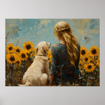 Vrouw en Hond met Zonnebloemen - Olie Schilderstij