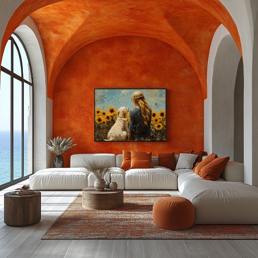 Vrouw en Hond met Zonnebloemen - Olieverfschilderi Poster