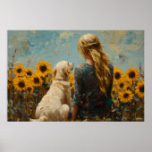 Vrouw en Hond met Zonnebloemen - Olieverfschilderi Poster (Voorkant)