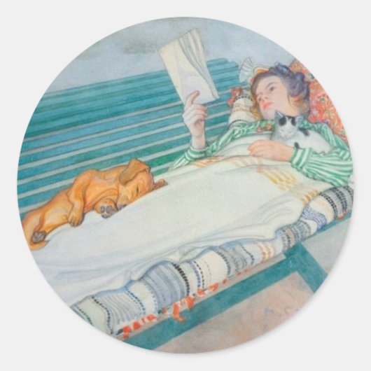 Vrouw en hond op een bank ronde sticker (Voorkant)