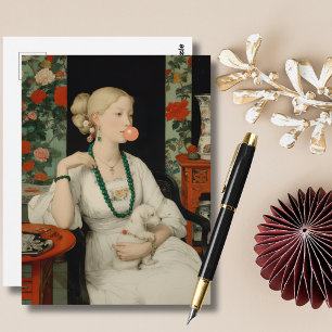 Vrouw en Hond Roze Kauwgom Bel Kleurrijk Briefkaart