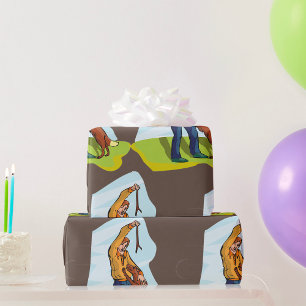 Vrouw en hond spelen apporteren cadeaupapier